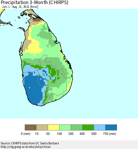 Sri Lanka Precipitation 3-Month (CHIRPS) Thematic Map For 6/1/2021 - 8/31/2021