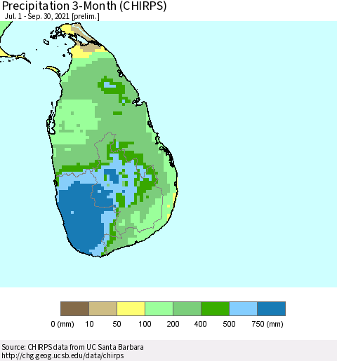 Sri Lanka Precipitation 3-Month (CHIRPS) Thematic Map For 7/1/2021 - 9/30/2021