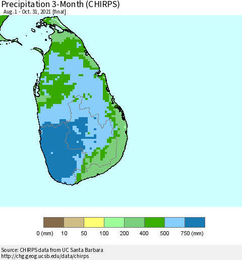 Sri Lanka Precipitation 3-Month (CHIRPS) Thematic Map For 8/1/2021 - 10/31/2021