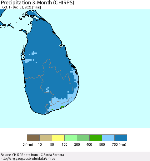 Sri Lanka Precipitation 3-Month (CHIRPS) Thematic Map For 10/1/2021 - 12/31/2021