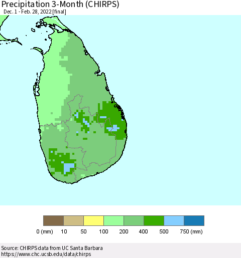 Sri Lanka Precipitation 3-Month (CHIRPS) Thematic Map For 12/1/2021 - 2/28/2022
