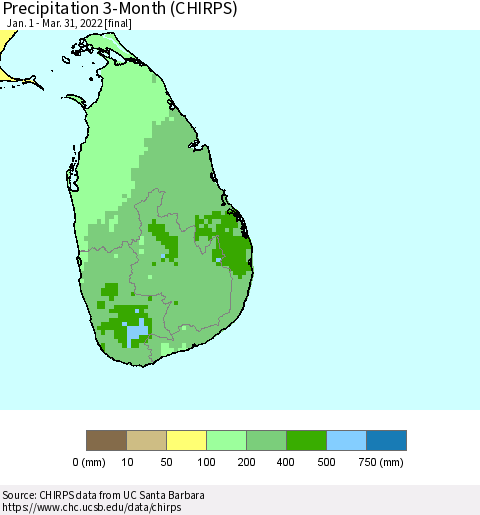 Sri Lanka Precipitation 3-Month (CHIRPS) Thematic Map For 1/1/2022 - 3/31/2022