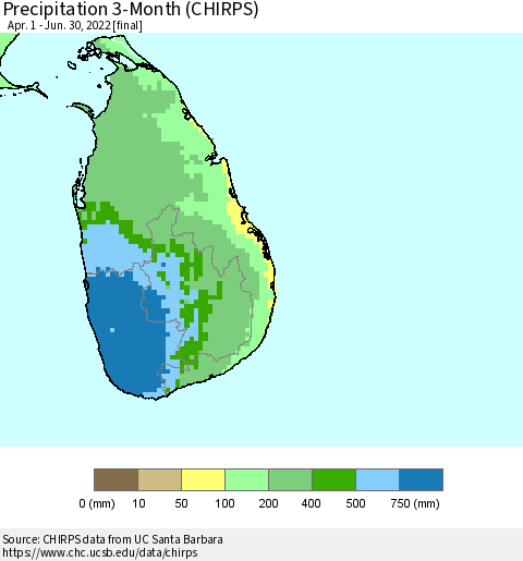 Sri Lanka Precipitation 3-Month (CHIRPS) Thematic Map For 4/1/2022 - 6/30/2022