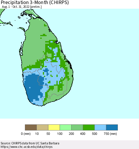 Sri Lanka Precipitation 3-Month (CHIRPS) Thematic Map For 8/1/2022 - 10/31/2022