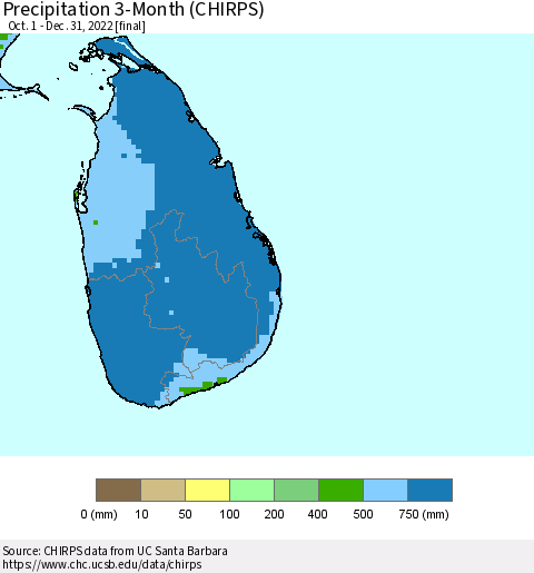Sri Lanka Precipitation 3-Month (CHIRPS) Thematic Map For 10/1/2022 - 12/31/2022