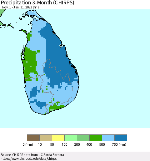 Sri Lanka Precipitation 3-Month (CHIRPS) Thematic Map For 11/1/2022 - 1/31/2023