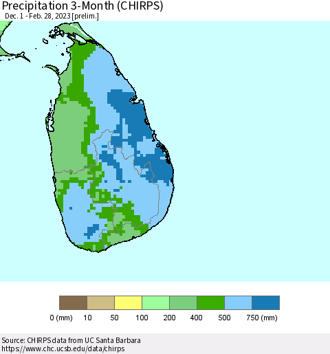 Sri Lanka Precipitation 3-Month (CHIRPS) Thematic Map For 12/1/2022 - 2/28/2023