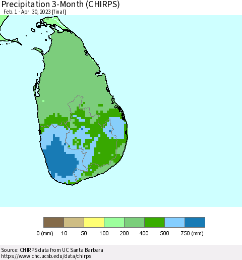Sri Lanka Precipitation 3-Month (CHIRPS) Thematic Map For 2/1/2023 - 4/30/2023