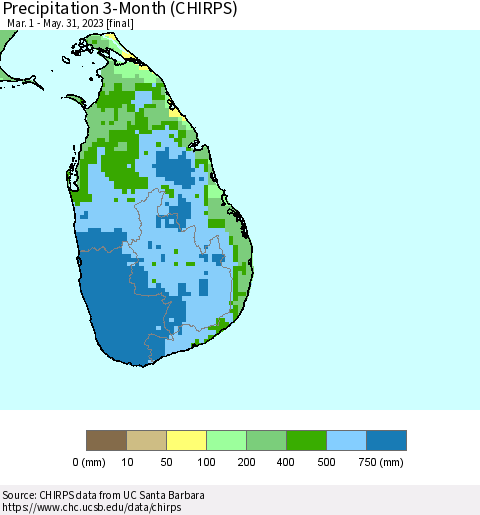 Sri Lanka Precipitation 3-Month (CHIRPS) Thematic Map For 3/1/2023 - 5/31/2023