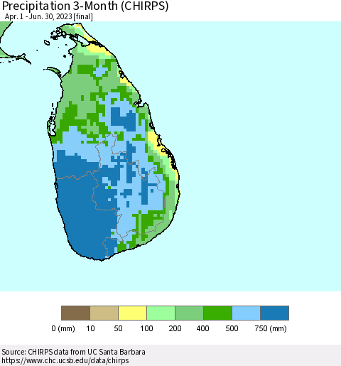 Sri Lanka Precipitation 3-Month (CHIRPS) Thematic Map For 4/1/2023 - 6/30/2023