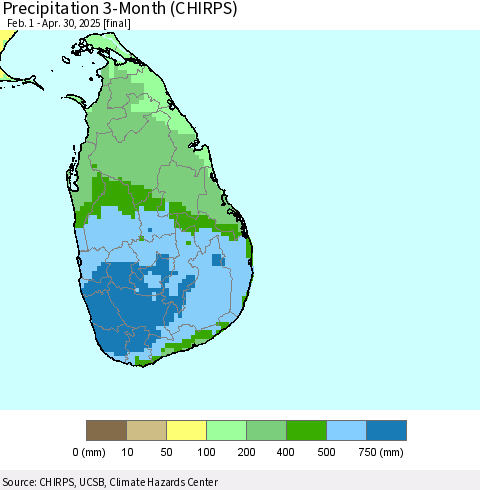 Sri Lanka Precipitation 3-Month (CHIRPS) Thematic Map For 2/1/2025 - 4/30/2025