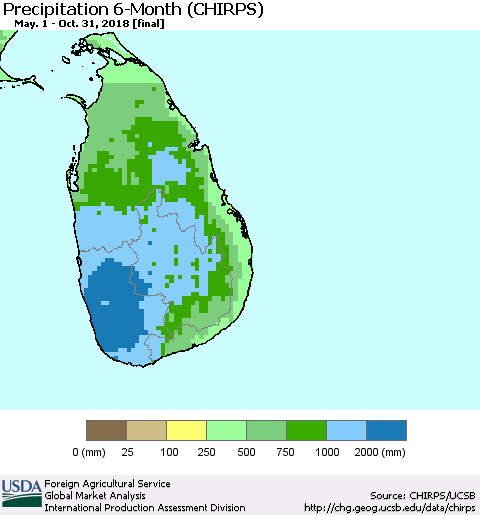 Sri Lanka Precipitation 6-Month (CHIRPS) Thematic Map For 5/1/2018 - 10/31/2018
