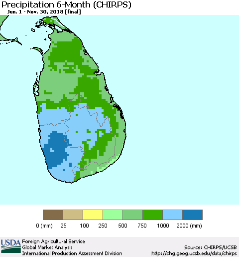 Sri Lanka Precipitation 6-Month (CHIRPS) Thematic Map For 6/1/2018 - 11/30/2018