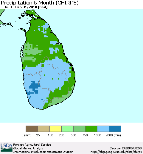Sri Lanka Precipitation 6-Month (CHIRPS) Thematic Map For 7/1/2018 - 12/31/2018