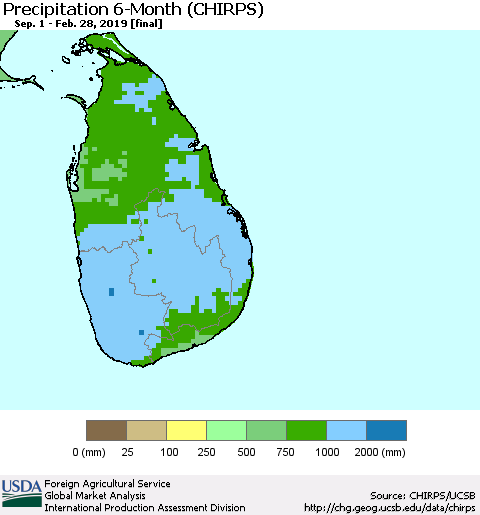 Sri Lanka Precipitation 6-Month (CHIRPS) Thematic Map For 9/1/2018 - 2/28/2019