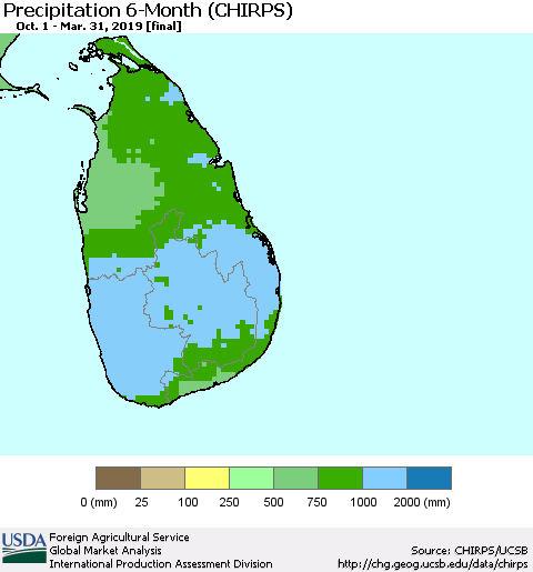 Sri Lanka Precipitation 6-Month (CHIRPS) Thematic Map For 10/1/2018 - 3/31/2019