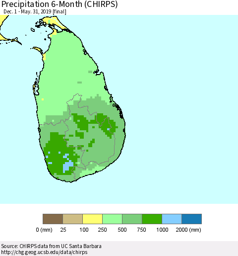 Sri Lanka Precipitation 6-Month (CHIRPS) Thematic Map For 12/1/2018 - 5/31/2019
