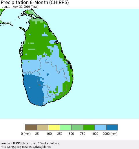 Sri Lanka Precipitation 6-Month (CHIRPS) Thematic Map For 6/1/2019 - 11/30/2019