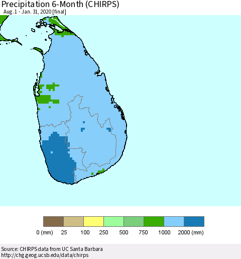 Sri Lanka Precipitation 6-Month (CHIRPS) Thematic Map For 8/1/2019 - 1/31/2020
