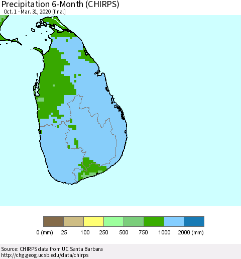 Sri Lanka Precipitation 6-Month (CHIRPS) Thematic Map For 10/1/2019 - 3/31/2020