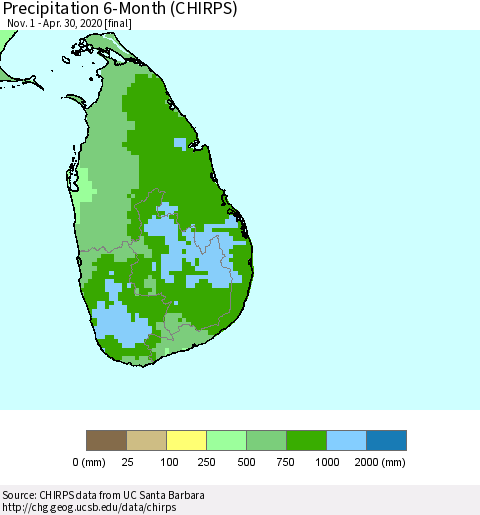 Sri Lanka Precipitation 6-Month (CHIRPS) Thematic Map For 11/1/2019 - 4/30/2020