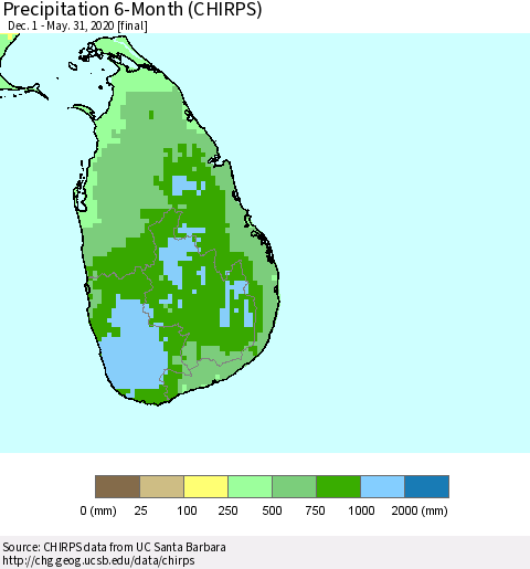 Sri Lanka Precipitation 6-Month (CHIRPS) Thematic Map For 12/1/2019 - 5/31/2020