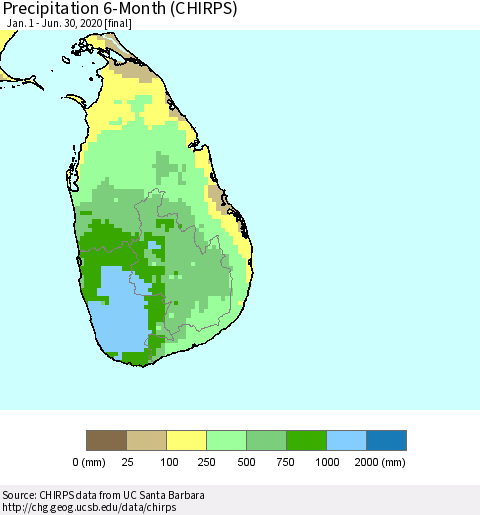 Sri Lanka Precipitation 6-Month (CHIRPS) Thematic Map For 1/1/2020 - 6/30/2020