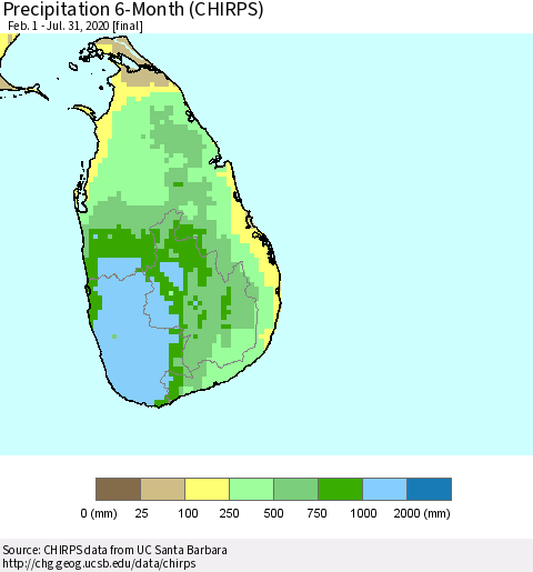Sri Lanka Precipitation 6-Month (CHIRPS) Thematic Map For 2/1/2020 - 7/31/2020