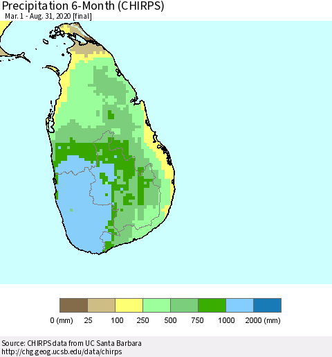 Sri Lanka Precipitation 6-Month (CHIRPS) Thematic Map For 3/1/2020 - 8/31/2020