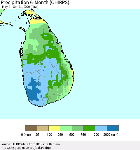 Sri Lanka Precipitation 6-Month (CHIRPS) Thematic Map For 5/1/2020 - 10/31/2020
