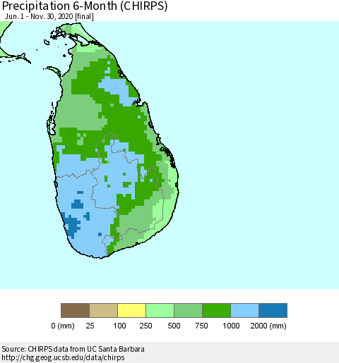 Sri Lanka Precipitation 6-Month (CHIRPS) Thematic Map For 6/1/2020 - 11/30/2020
