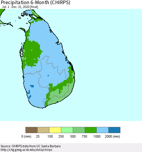 Sri Lanka Precipitation 6-Month (CHIRPS) Thematic Map For 7/1/2020 - 12/31/2020
