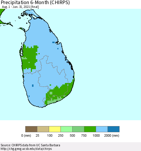 Sri Lanka Precipitation 6-Month (CHIRPS) Thematic Map For 8/1/2020 - 1/31/2021