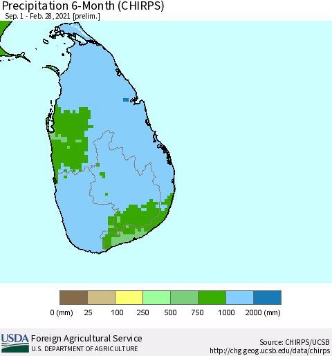 Sri Lanka Precipitation 6-Month (CHIRPS) Thematic Map For 9/1/2020 - 2/28/2021