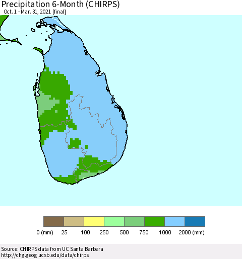 Sri Lanka Precipitation 6-Month (CHIRPS) Thematic Map For 10/1/2020 - 3/31/2021