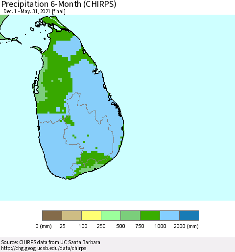 Sri Lanka Precipitation 6-Month (CHIRPS) Thematic Map For 12/1/2020 - 5/31/2021