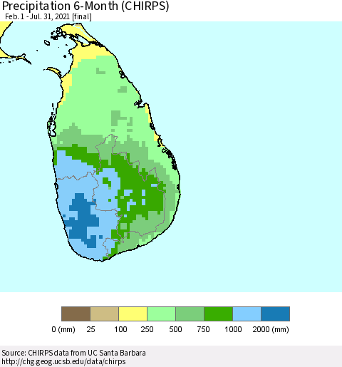 Sri Lanka Precipitation 6-Month (CHIRPS) Thematic Map For 2/1/2021 - 7/31/2021