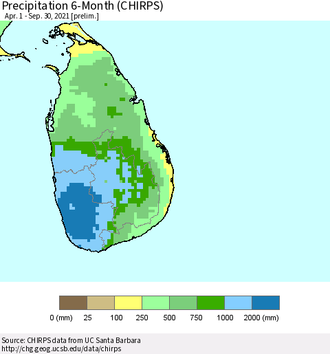 Sri Lanka Precipitation 6-Month (CHIRPS) Thematic Map For 4/1/2021 - 9/30/2021