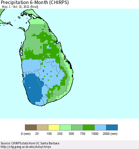 Sri Lanka Precipitation 6-Month (CHIRPS) Thematic Map For 5/1/2021 - 10/31/2021