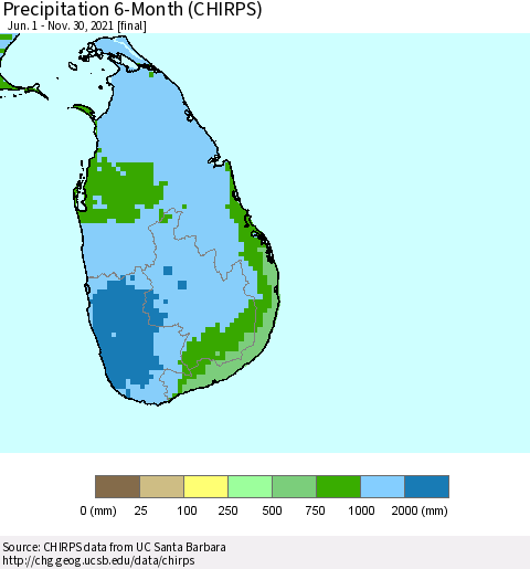 Sri Lanka Precipitation 6-Month (CHIRPS) Thematic Map For 6/1/2021 - 11/30/2021