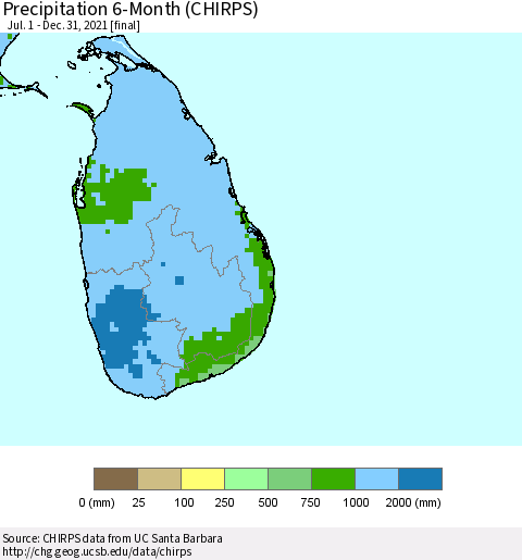 Sri Lanka Precipitation 6-Month (CHIRPS) Thematic Map For 7/1/2021 - 12/31/2021