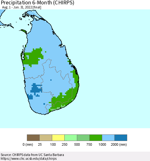 Sri Lanka Precipitation 6-Month (CHIRPS) Thematic Map For 8/1/2021 - 1/31/2022