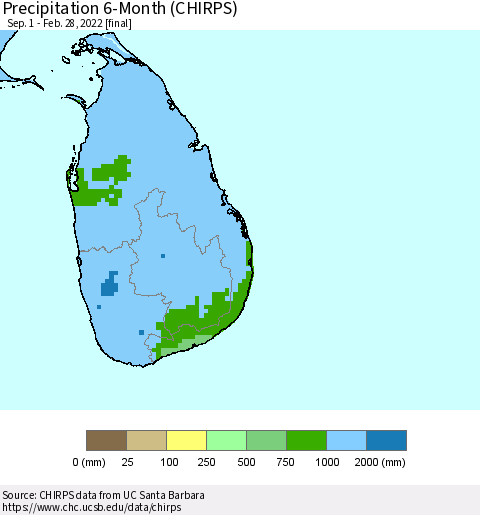 Sri Lanka Precipitation 6-Month (CHIRPS) Thematic Map For 9/1/2021 - 2/28/2022