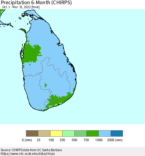 Sri Lanka Precipitation 6-Month (CHIRPS) Thematic Map For 10/1/2021 - 3/31/2022