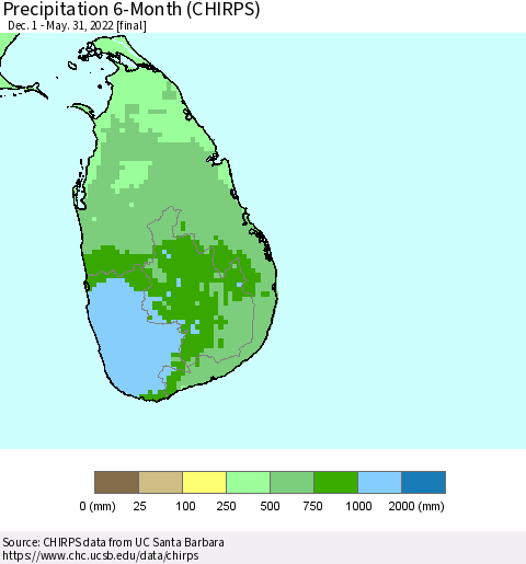 Sri Lanka Precipitation 6-Month (CHIRPS) Thematic Map For 12/1/2021 - 5/31/2022