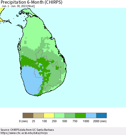 Sri Lanka Precipitation 6-Month (CHIRPS) Thematic Map For 1/1/2022 - 6/30/2022