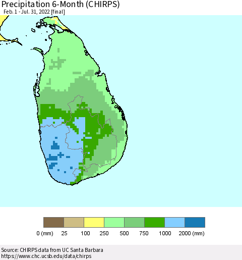 Sri Lanka Precipitation 6-Month (CHIRPS) Thematic Map For 2/1/2022 - 7/31/2022