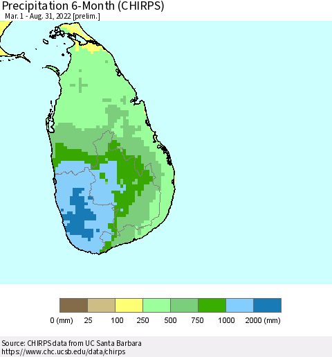 Sri Lanka Precipitation 6-Month (CHIRPS) Thematic Map For 3/1/2022 - 8/31/2022