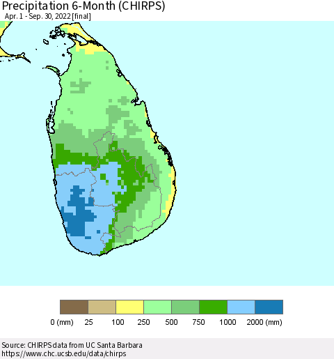 Sri Lanka Precipitation 6-Month (CHIRPS) Thematic Map For 4/1/2022 - 9/30/2022