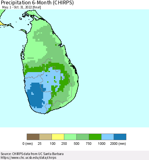 Sri Lanka Precipitation 6-Month (CHIRPS) Thematic Map For 5/1/2022 - 10/31/2022